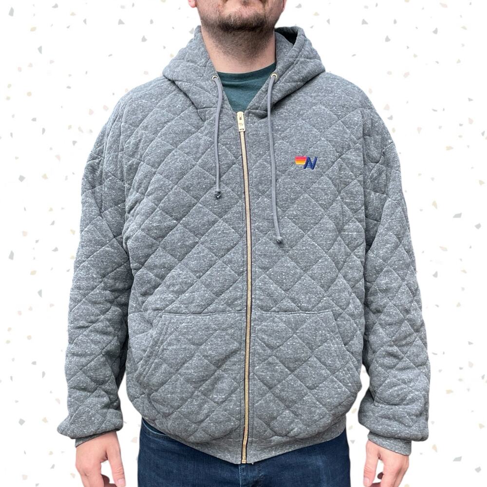 Aviator Nation Gray Quilted Zip Up Hoodie Relaxed Heavy Winter Jacket Size XXL